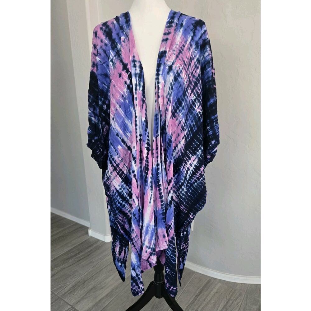 Boho Hippie Wild Thing Wild Woman Artsy Tie Dye Pink Blue Open Kimono Duster